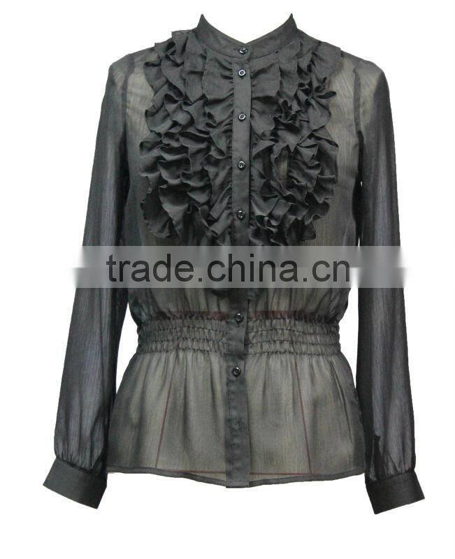 Good quality women black color fashion sheer chiffon blouse with ruffle