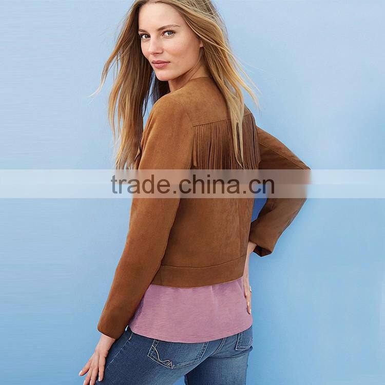 HAODUOYI Women Brown Suede Inclined Zipper Tassel Back Jacket Coat for Wholesale