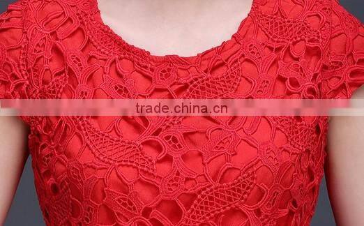 newest red lace plain young girl short sleeve casual dress