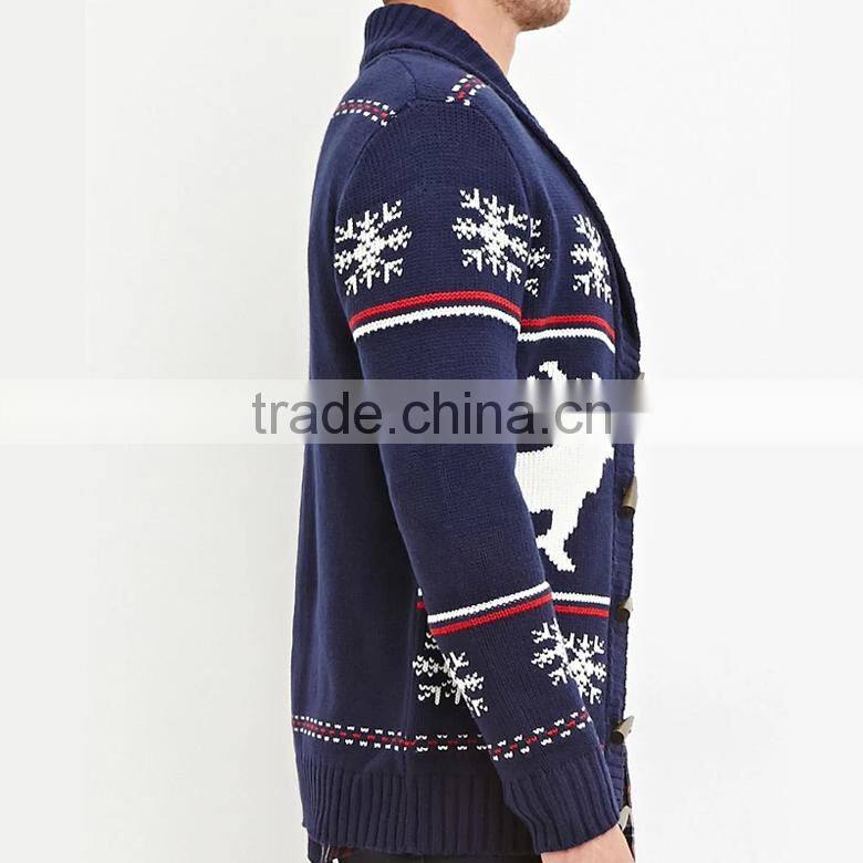 navy shawl collar long sleeve snow and deer patterns cardigan ugly christmas sweater