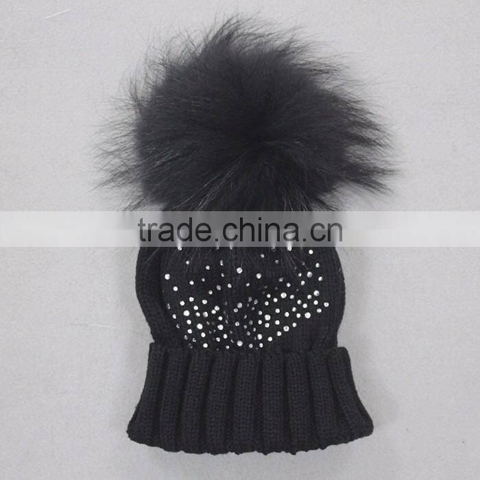 Myfur Navy Knitting Beanie Hat with Stones Real Raccoon Fur Ball Top For Teenager Boys
