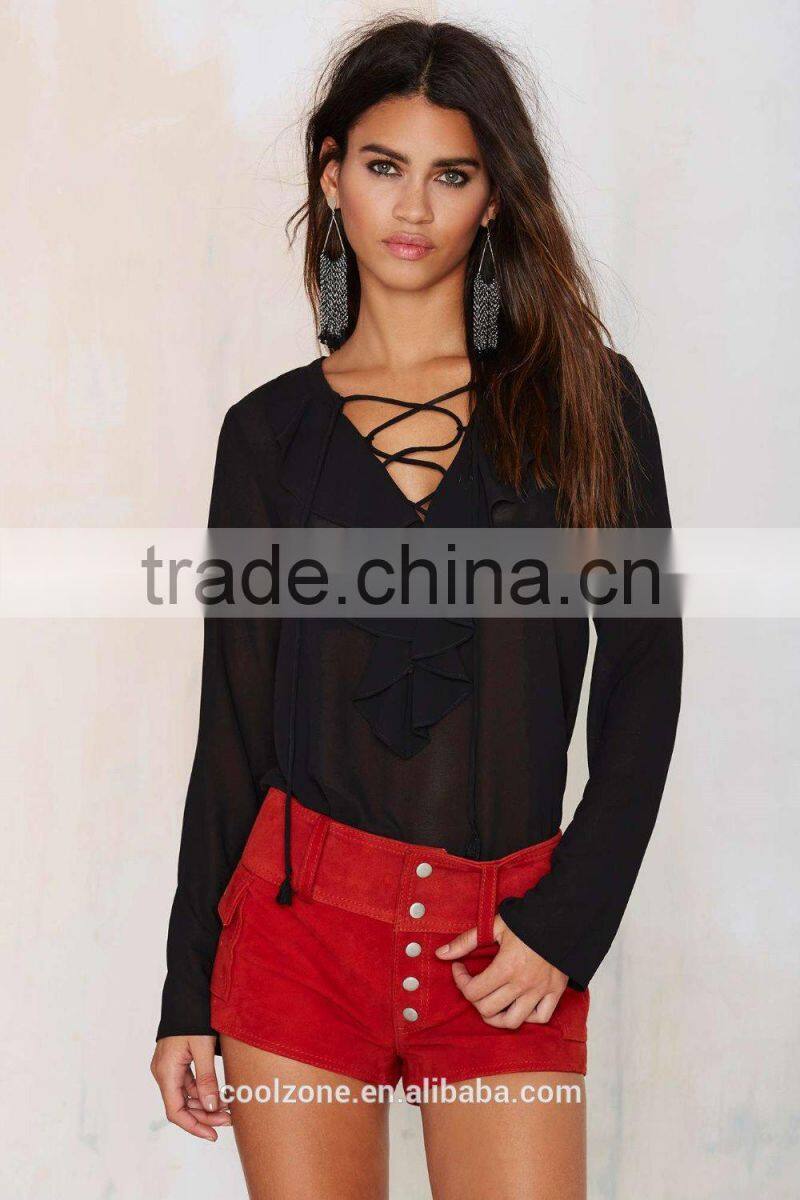 Latest chiffon blouse ruffled lady blouse wholesale lace up blouses 2015
