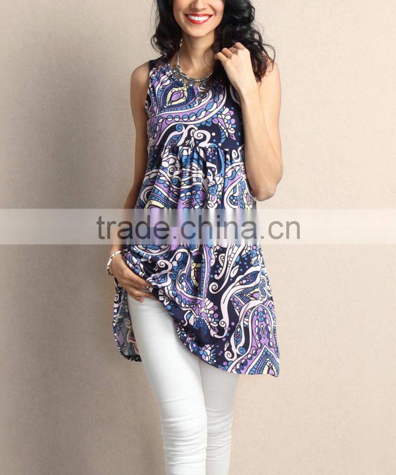 New Summer Women Dresses With Purple Paisley Empire-Waist Sleeveless Tunic Dress Women Floral Dress Women Wear GD90426-24