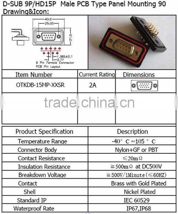 D-SUB 9P/HD15P male PCB type panel mounting 90 Waterproof Connector