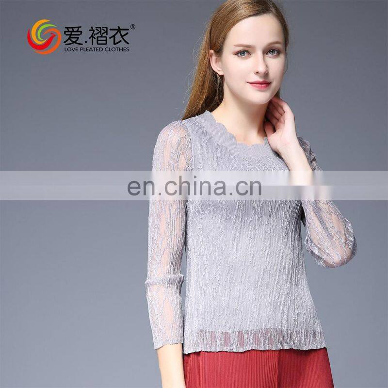 African Fancy neck Lace design ladies sexy slim blouses with light gray lace