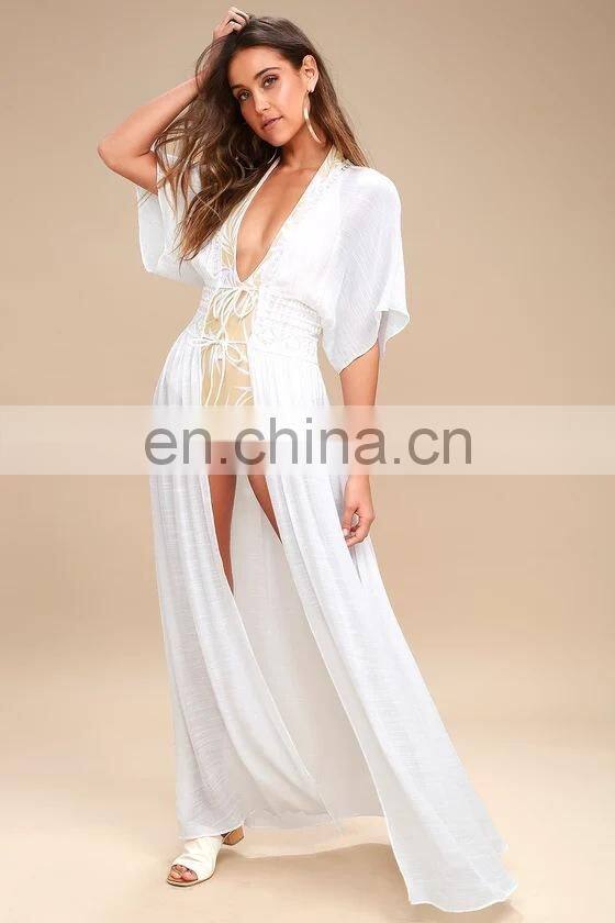 Summer Lace up Long Maxi Dress Swimwear 2019 Women Beach Bikini Cover up White Hollow Out Ladies Long Kaftan dress Sunscreen