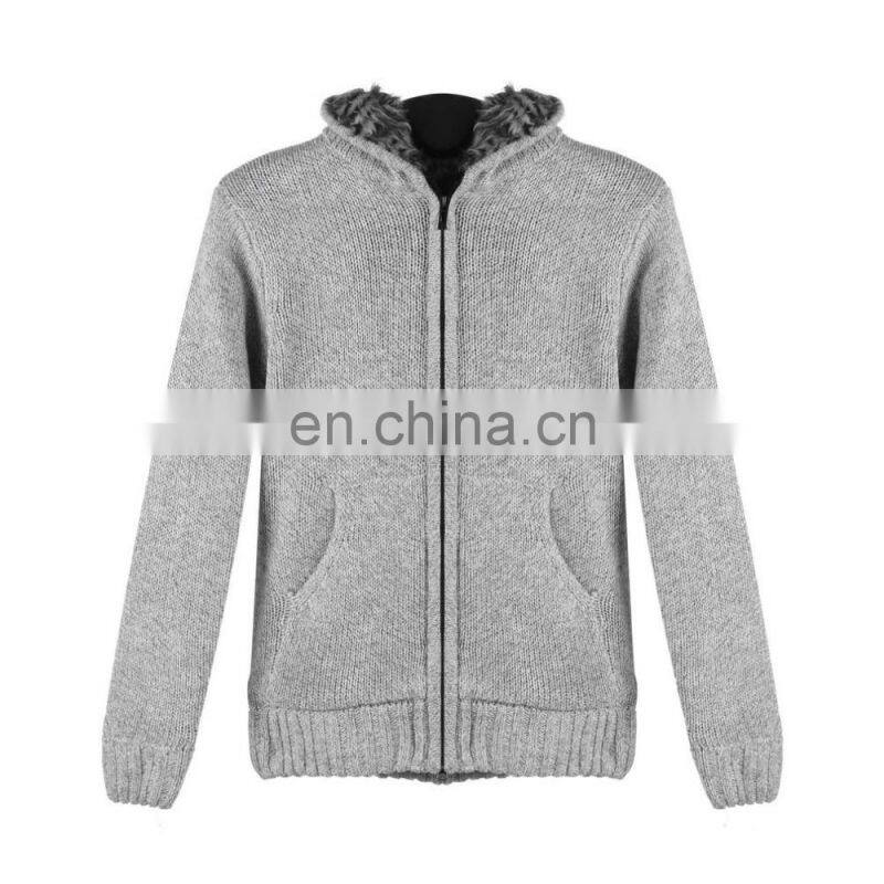 Outdoor Winter Jacket Mens Cardigan Sweater Fur Wool Lining Hoodie Knitted Hooded Coat
