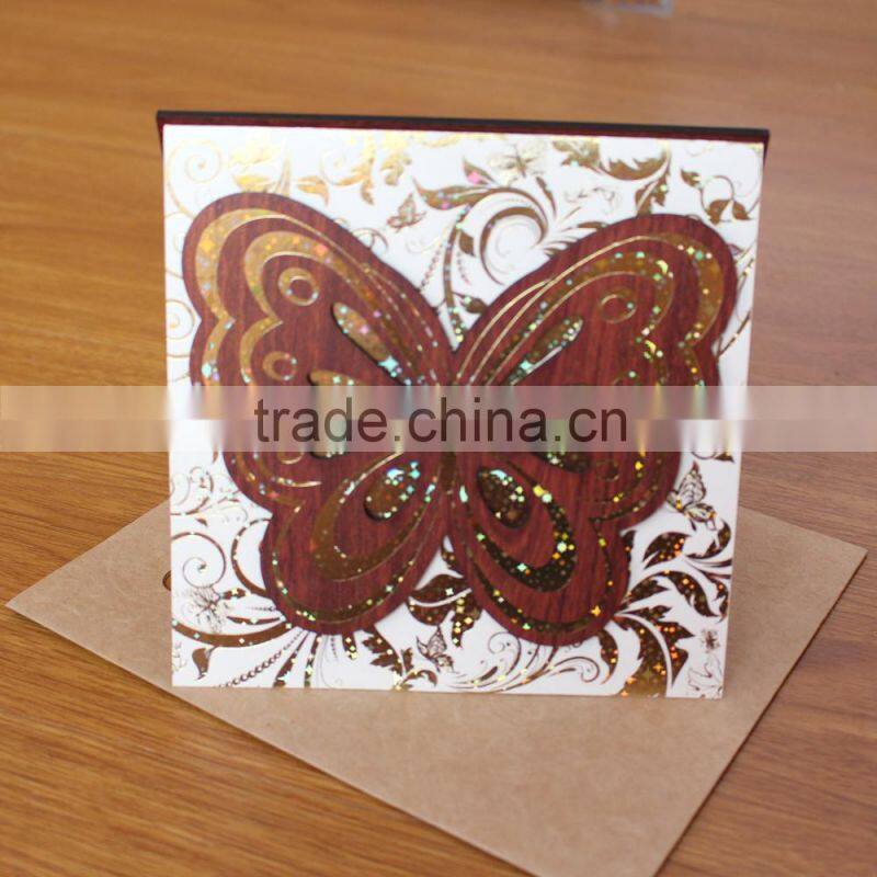 Unique 2016 Butterfly Shape Wooden Wedding Invitation Card with Hot Foil Words