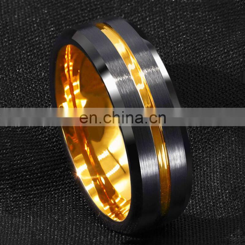 Men's fashion 8MM Black Brushed Ladder Edge Stainless Steel Ring Blue Groove Men Wedding Ring Gifts For Men