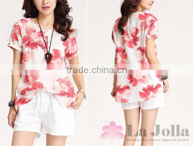 Latest Summer Fashion Ladies Flower Printed Chiffon Short Sleeves T-shirt 108