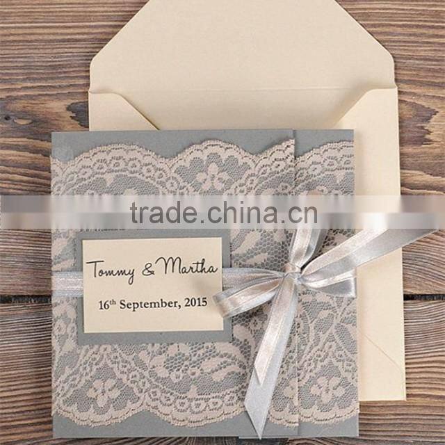 Hot sale elegant & personalized white lace wedding invitations with purple&white ribbons