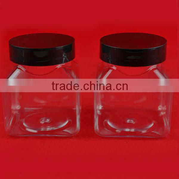 PET plastic transparent 200 ml square candy jar with black cap