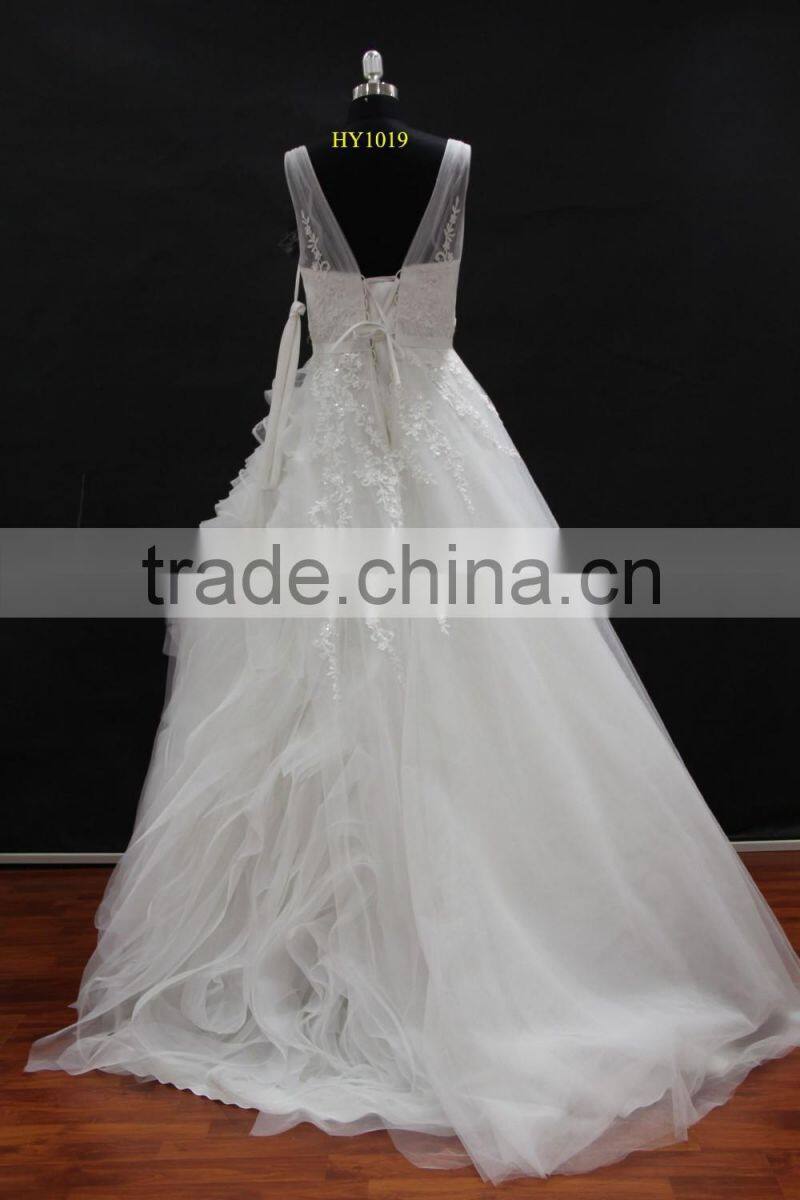 factory real sample! High quality two tulle straps nice design organza ruffle skirt lace wedding dress