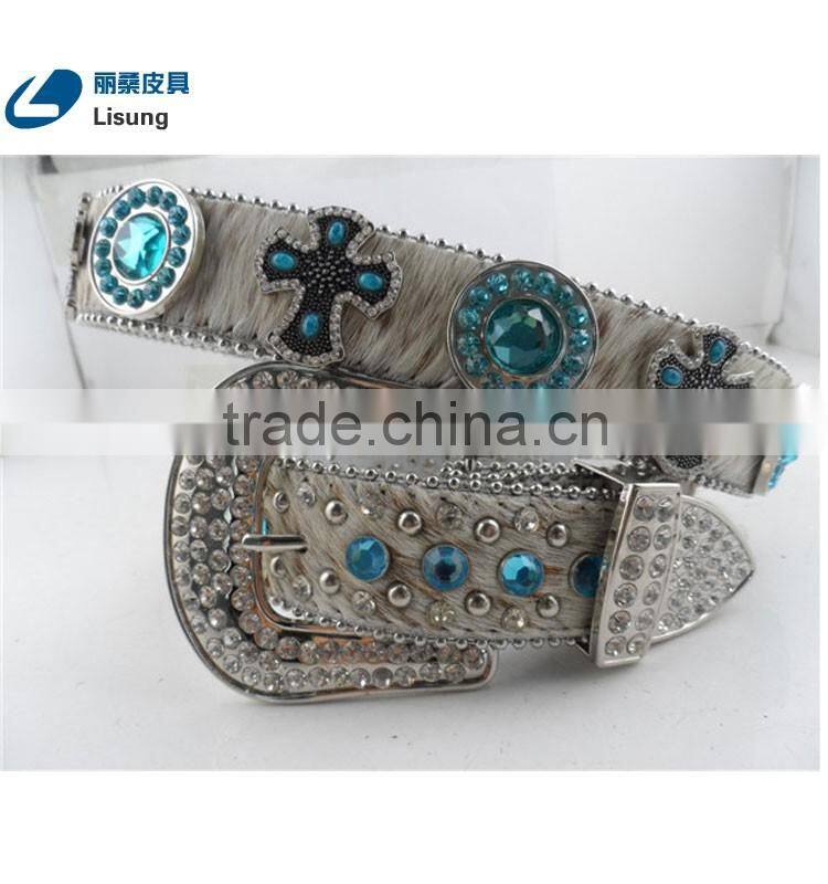 Blue Crystal Bead Crosses Western Cowgirl Rhinestone Leather Belt