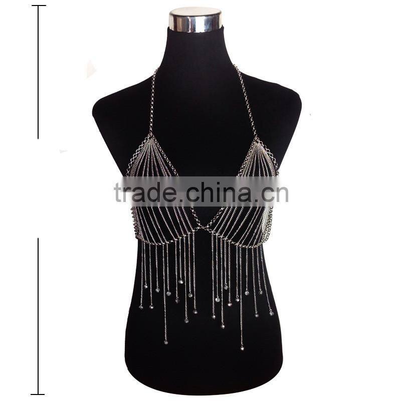 Multi Chain Necklace Long European And American Big Exaggerated Alloy Body Chain Tassel Silver Crystal Necklace