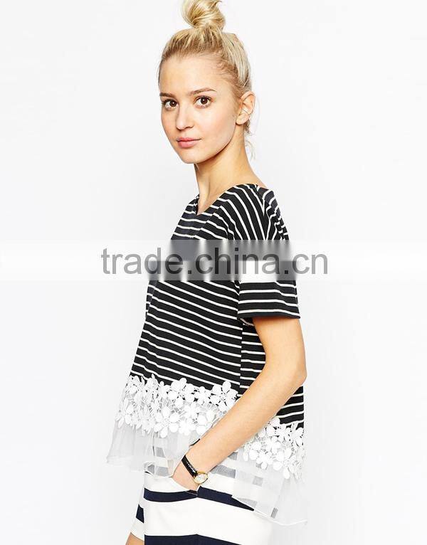 Stripe Blouse With Floral Lace Hem fashion design lady blouse