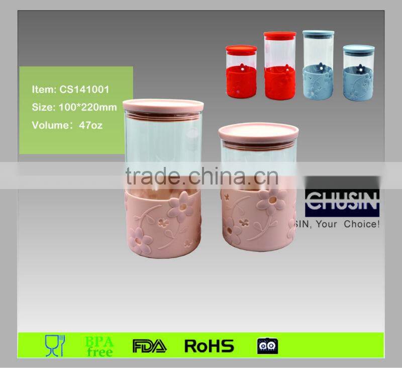 FANCY style pyrex glass jar with silicone sleeve and lid wholesale