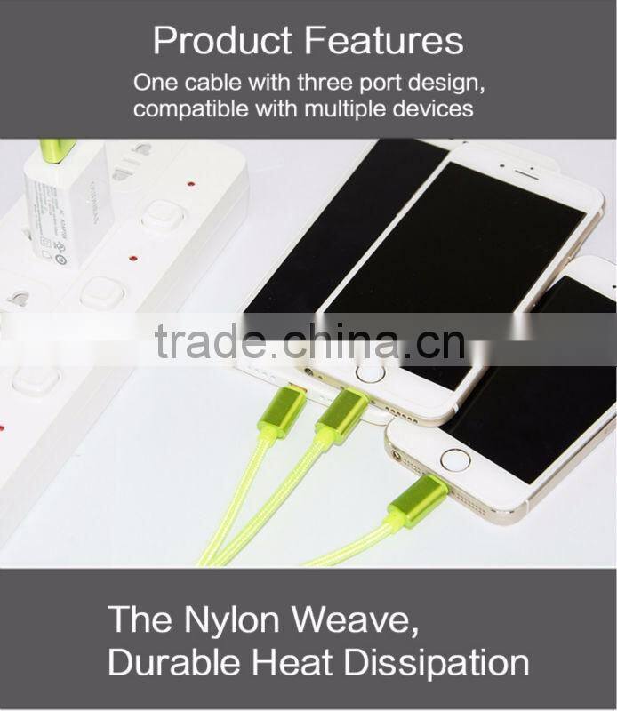 Highend 3 in 1 Mobile Phone cable 100cm micro usb Aluminum Alloy for Android& Iphone 5 cables Nylon Weave charging USB Line