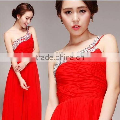 New Arrivals Elegant Red One Shoulder Bead Design Evening Dress Woman's Latest Sleeveless Bead Design Evening Dress