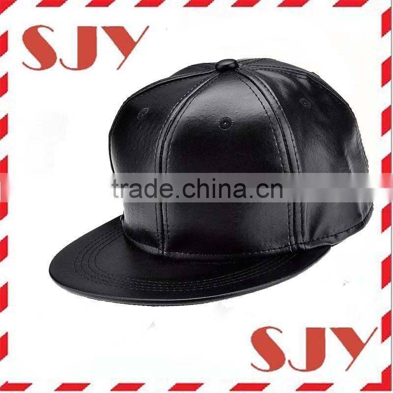 Blank Wholesale Flat Brim 6 Panel PU Leather Snapback Baseball Hat