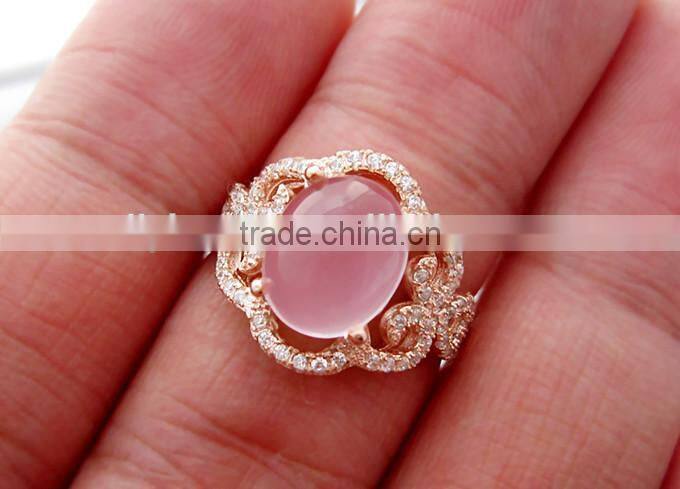 2015 wholesale Rose gold plated 925 sterling silver rose quartz ring with CZ pave setting
