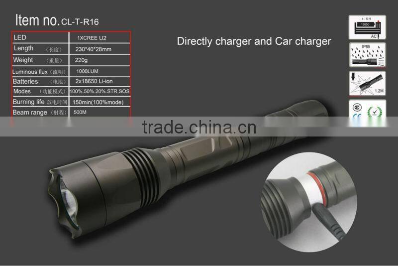 CREE XML U2 1000lm rechargeable small powerful led flashlight with direct charger and car charger