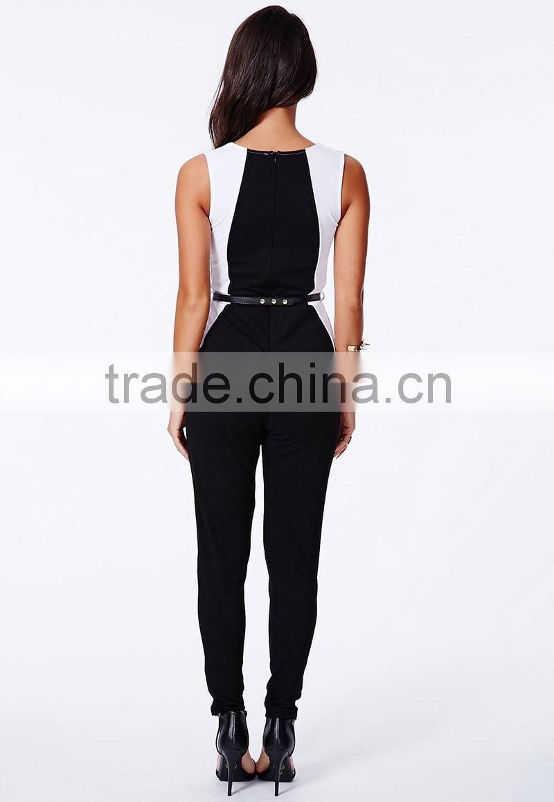 Sleeveless contrast color sexy style belt waist long jumpsuit