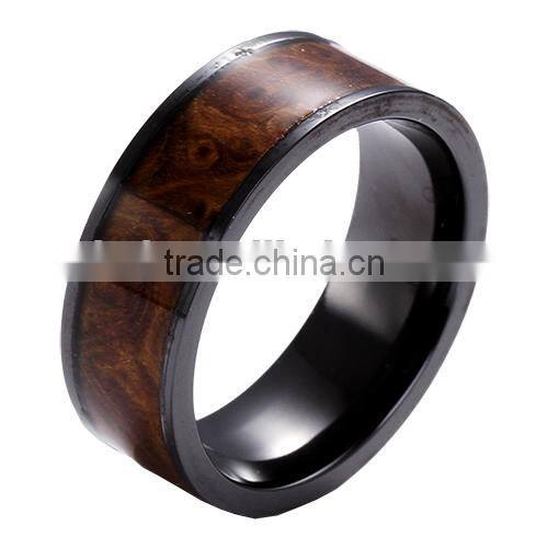 Unique black zirconium ring with wood inlaid