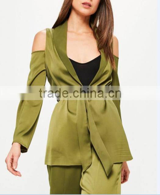 Picture of office ladies cold shoulder tie waist satin blazer green two piece sets for office ladies