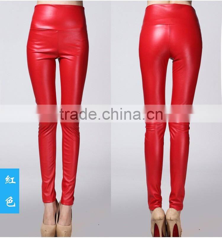 wholesale plain womens tight pants/sexy faux leather high waist leggings stretch PU pants laides skinny trousers