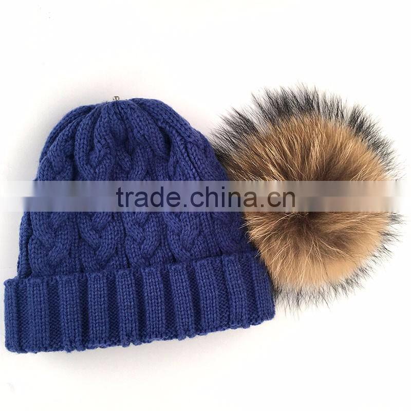 Myfur Raccoon Fur Ball Top Knit Hat for Unisex Adult Beanie Hat Wholesale