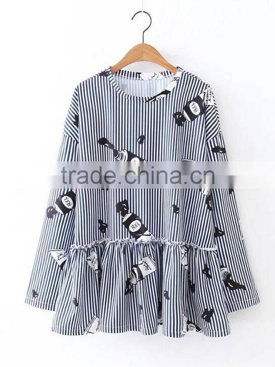 Runwaylover EY2374B Latest Designs Women Formal Blouse Blue Stripe Crane Print Animal Print Drop Shoulder 3/4 Sleeve Blouse