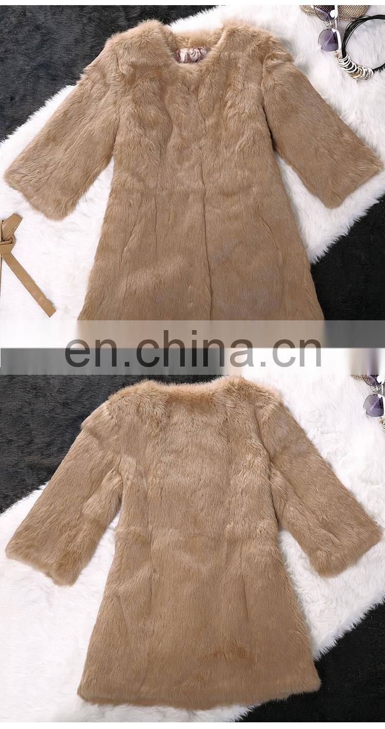 European style three quarter sleeve real fur coats ladies rabbit fur coat