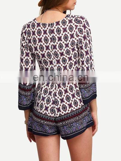 China Factory Wholesale Fashion Design Tribal Print Tassel-Tied Romper Women