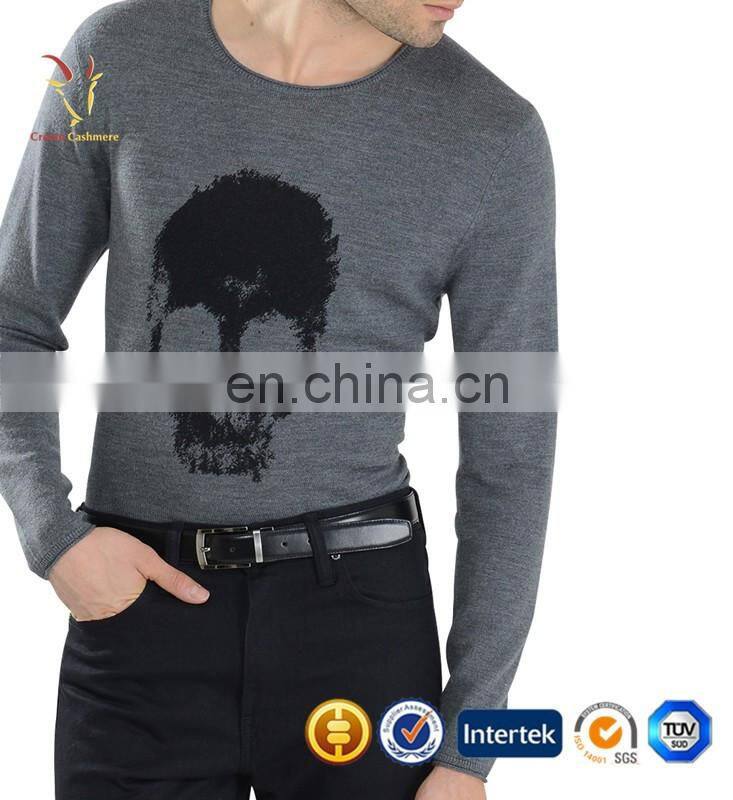 Intarsia Skull Pattern Merino Wool V Neck Mens Fashion Sweater