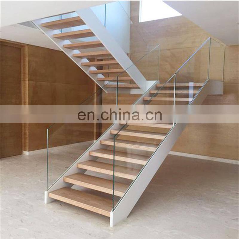 U shaped staircase metal frame glass railing double steel stringer stair