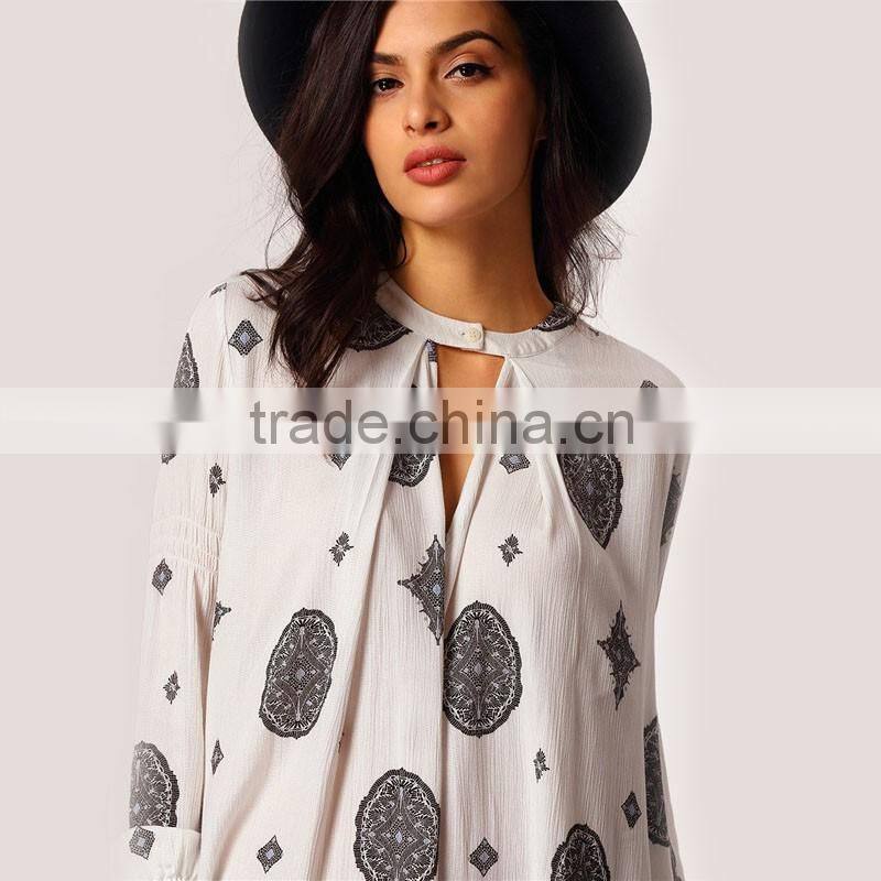 Ladies Vogue New Arrival Women's Vintage High Street Casual White Long Sleeve Cut Out Front Tribal Print Blouse B003