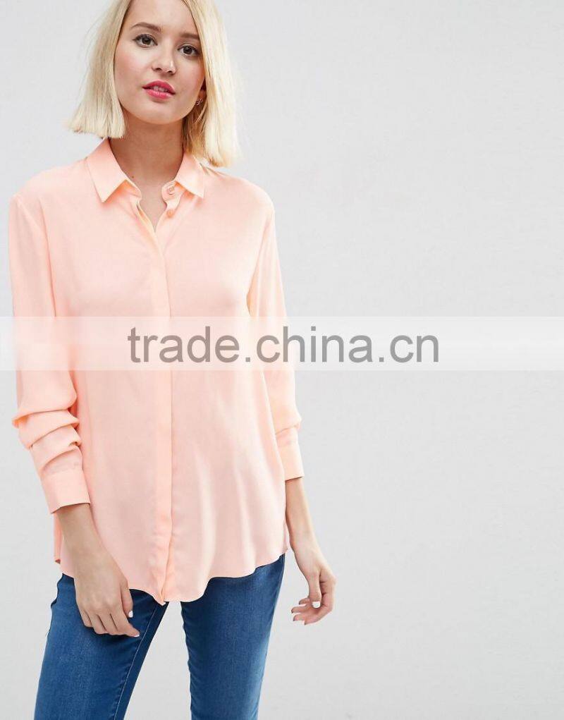 Pink colour chiffon blouse designs long sleeve lady blouse & tops for women