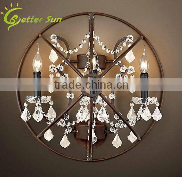 Rural Style Archaize Color 2 Lights Wrought Iron Cage Crystal Wall Lamp