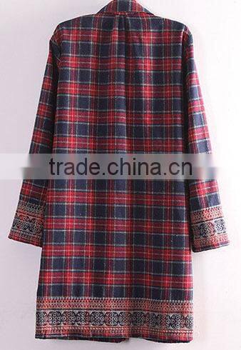 lady checked long skirt cotton shirt emboridery long sleeve blouse
