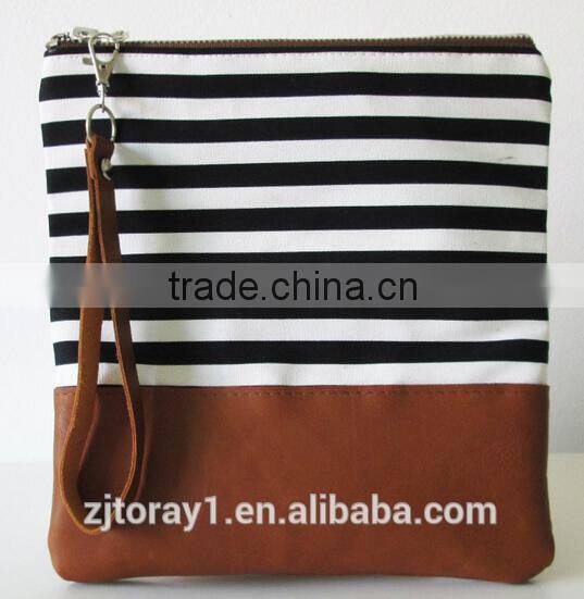 China Manufacture Foldover Canvas and Leather Striped Fashion Clutch Bag
