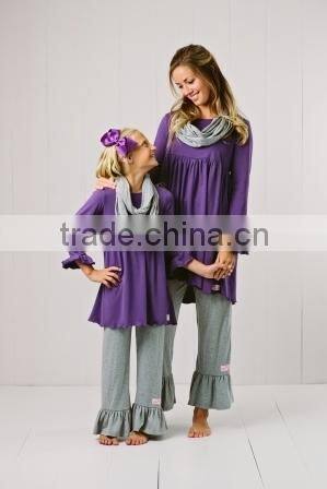 Mix color and buttons mother and daughter dress clothing sets with Printed fabric