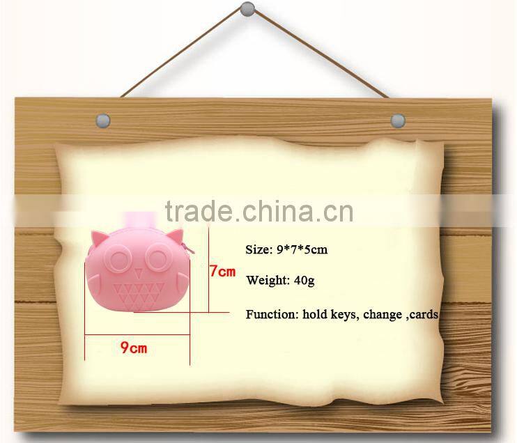 2015 Factory direct owl shape silicone rubber zipper coin money pochi pouch purse