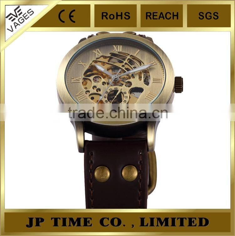 New Retro Skeleton Automatic Mechanical Vintage Leather copper wrist watch