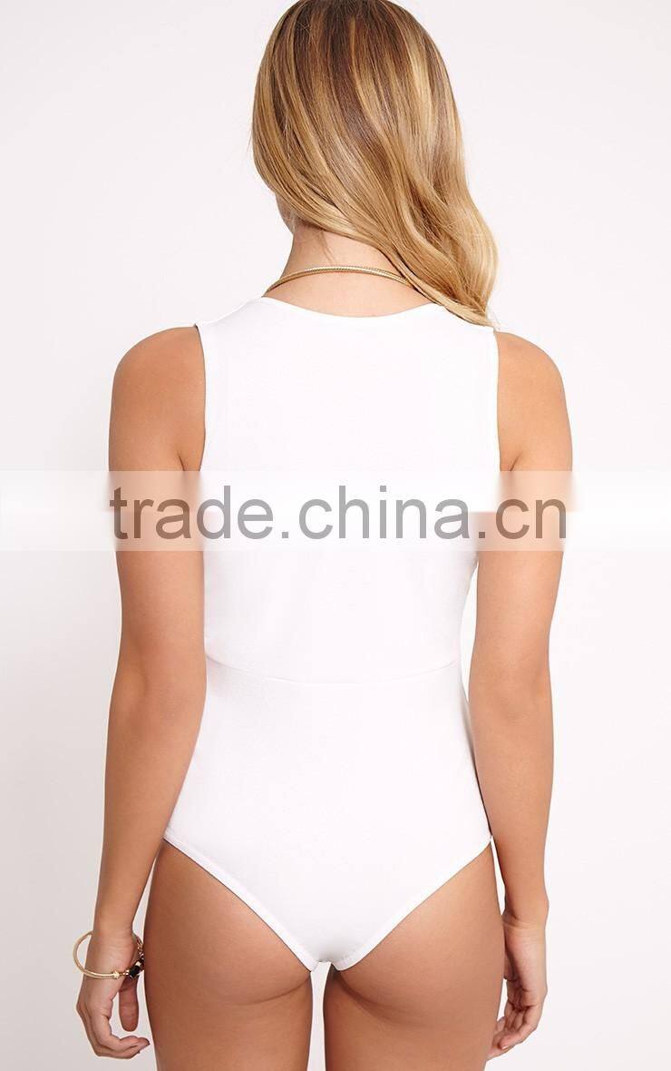 V neck white cream extreme plunge bodysuit for weight loss