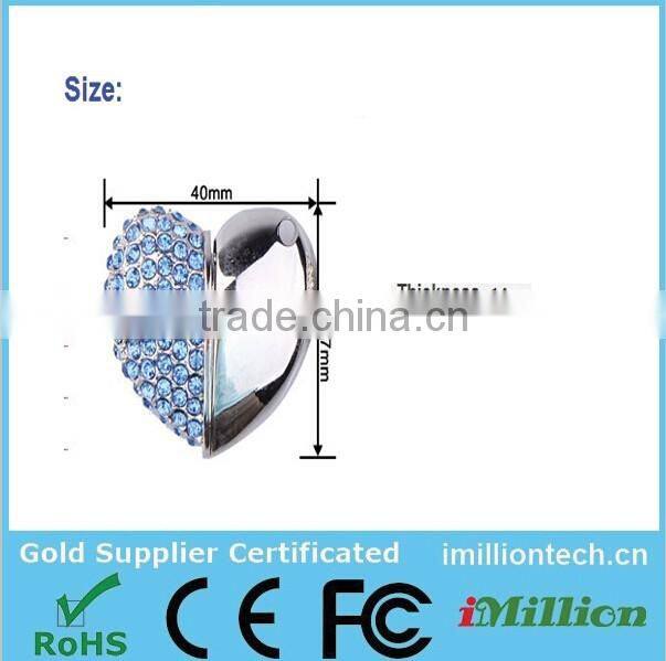 Beautiful Jewellery Gem Heart Shape USB flash drive with Keychain for wedding design Gift