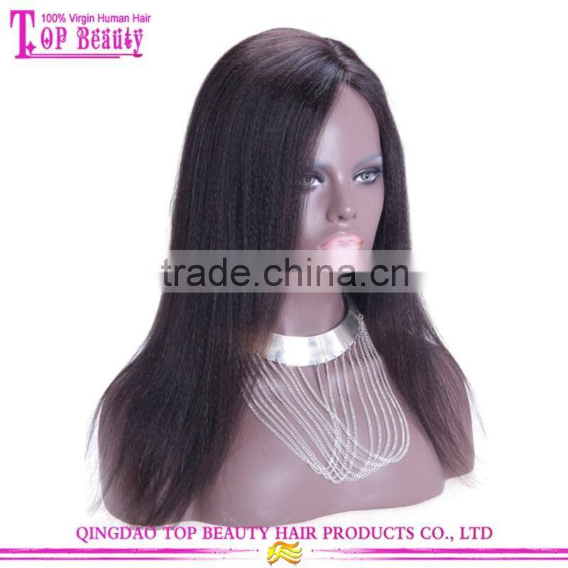 16 Inch Yaki Straight Style Wholesale Yaki Human Hair Wig Custom Made Side Part Lace Front Wig