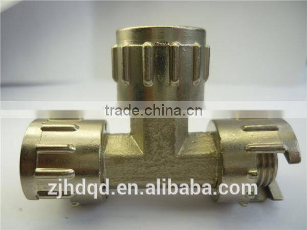 T-type connector with three milled nut (open nut ) ,high quality forged brass connector , bsp npt thread