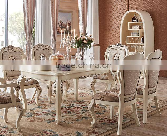 New classic solid wood dining room furniture ivory white antique finished dining table set
