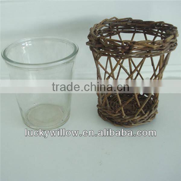 wholesale small round wicker basket with glass bottle candle holder